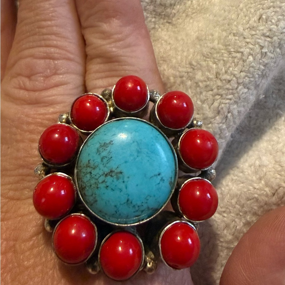 Turquoise and Red Statement Ring